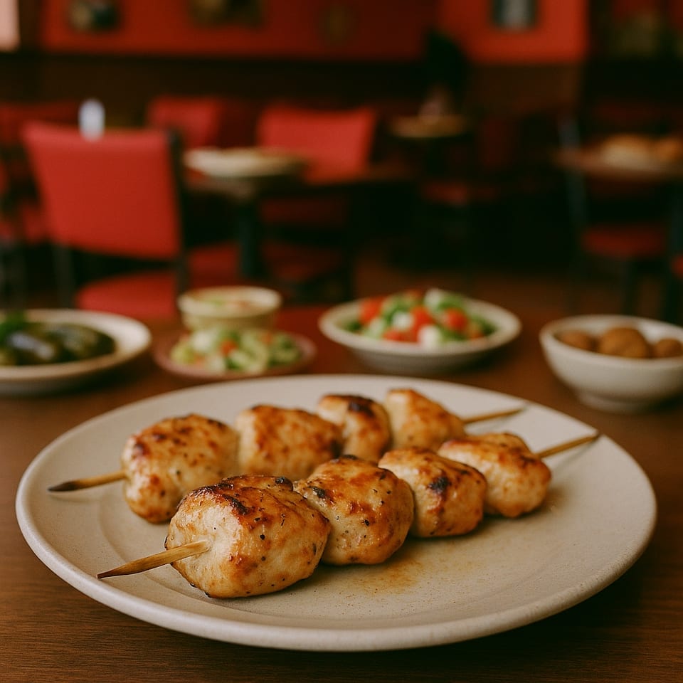 Grilled chicken kofta skewers on a plate with salads and appetizers in a restaurant setting.