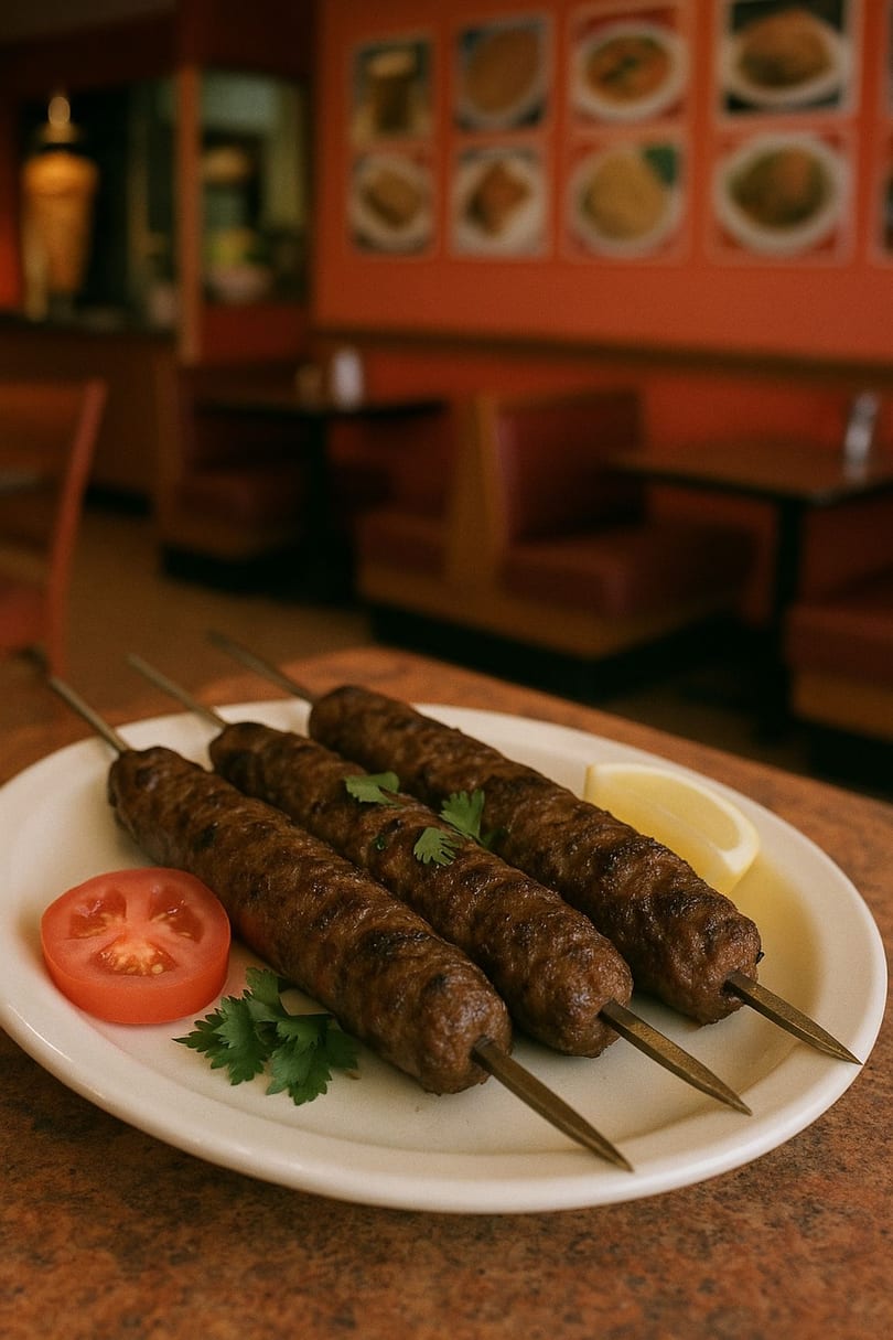 Three grilled Mediterranean kofta kebabs on a white plate with a lemon wedge and tomato slice.