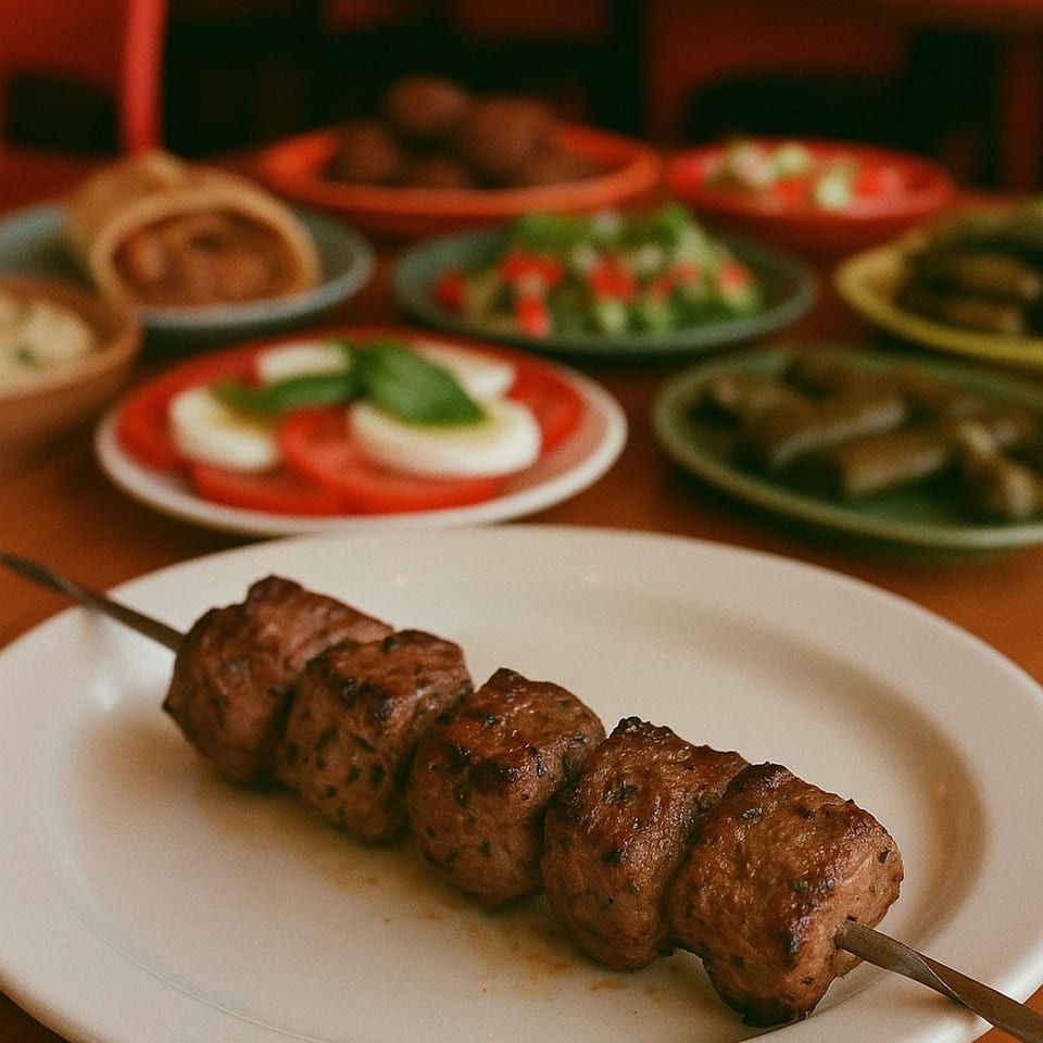 A grilled Mediterranean kofta skewer on a white plate with various mezze dishes in the background.