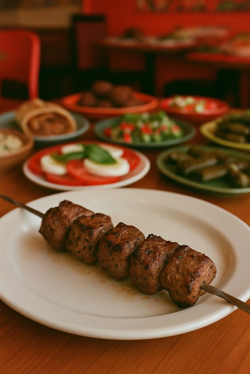 A grilled Mediterranean kofta skewer on a white plate with various mezze dishes in the background.