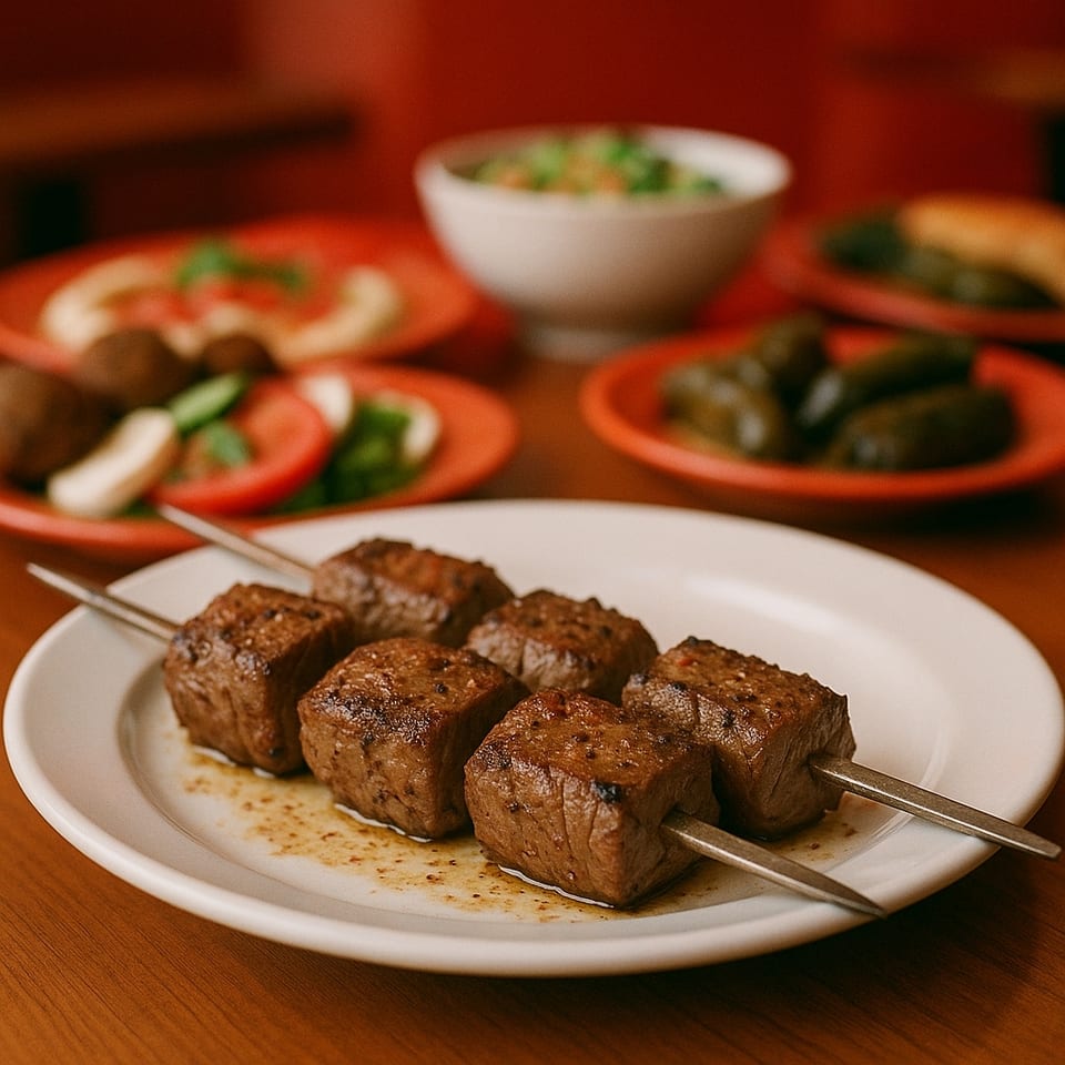 Grilled beef shish tawook skewers on a white plate with other Mediterranean dishes in the background.